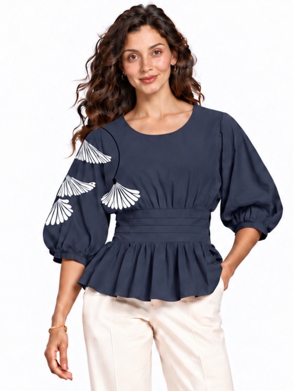 Floreat SZ 2 Gray Puff-Sleeve Smocked Peplum Top with White Floral Embroidery